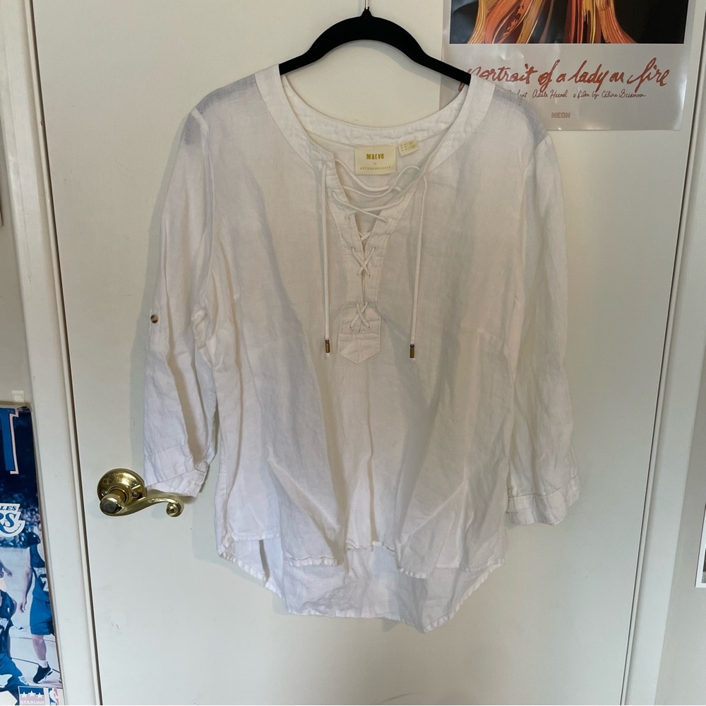 Anthropologie White Lace-Up Blouse